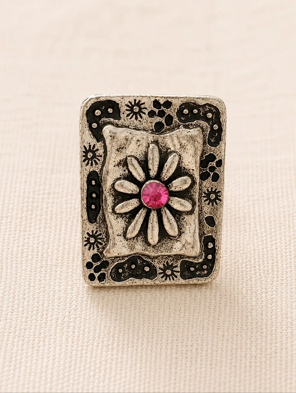 Vintage Daisy Pink Rhinestone Adjustable Ring Silver Tone Floral Statement